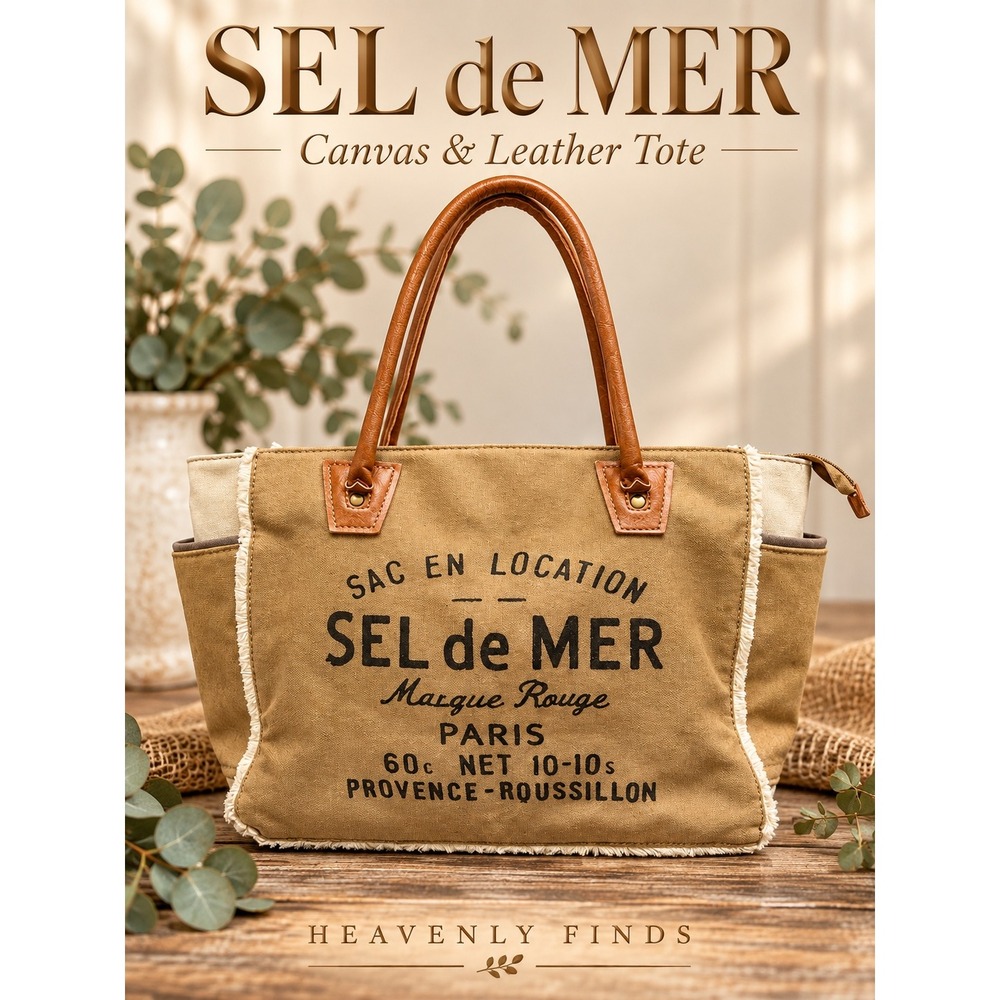 LAMYBA Sel de Mer Canvas Tote Bag Tan French Graphic Travel Work Very Good